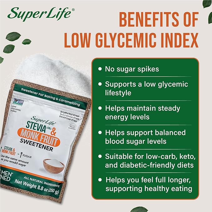 Super Life Stevia & Monk Fruit Sweetener – Low-Glycemic Index, Erythritol-Free Sugar Alternative for Baking, Beverages & Caramelizing | Non-GMO, Low-Calorie, Keto Diet Friendly – 8.8oz / 250g