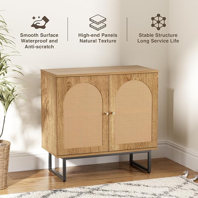 Sideboard Buffet Cabinet with Rattan Doors, Boho Storage Cabinet with Metal Legs, Wooden Accent Furniture for Dining/Living Room, Hallway, Entryway (Natural, 2 Doors)