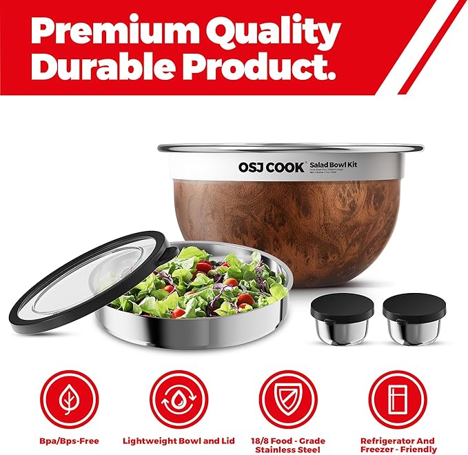18/8 Stainless Steel Salad Bowl Kit - 74oz, Mixing Bowls with Lids Set, Teakwood - Comes with 1.7oz Condiment Container and Removable Tray for Organization - Leak-Proof, Dishwasher Safe (Wood)