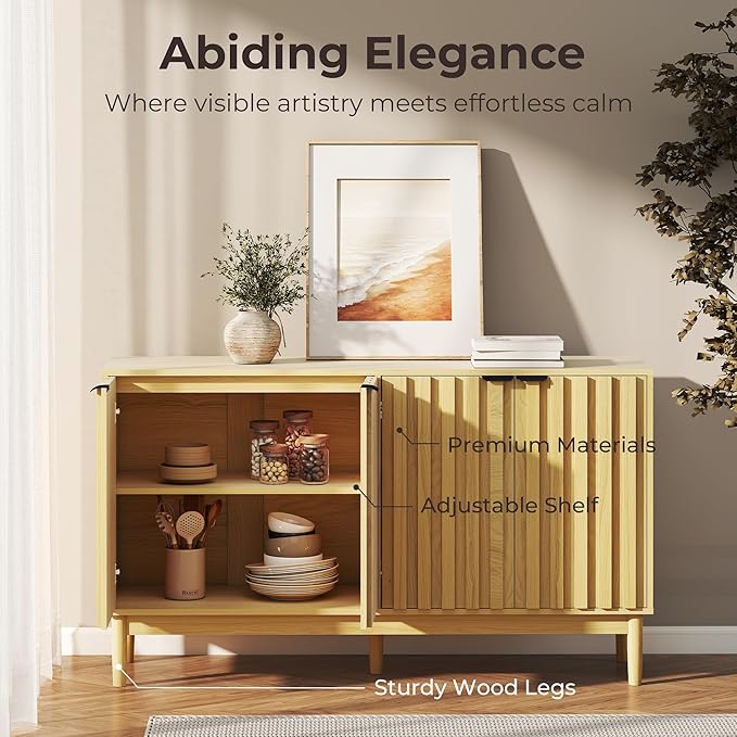 Fluted Cabinet with Storage, Buffet Cabinet Sideborad with 4 Doors, Natural Buffet Storage Accent Cabinets with Adjustable Shelves for Living Room, Entry, Hallway, Kitchen