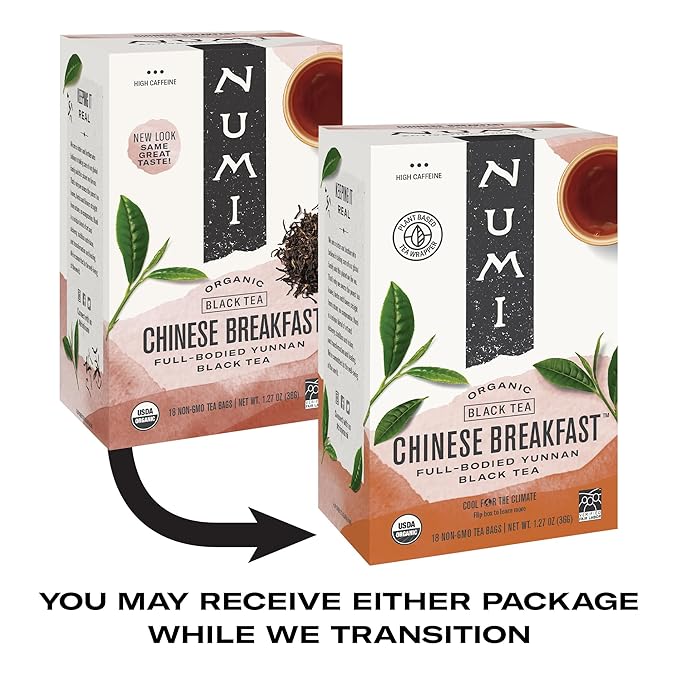 Numi Organic Chinese Breakfast Tea, 18 Black Tea Bags, Full Bodied Yunnan Black Tea, Caffeinated