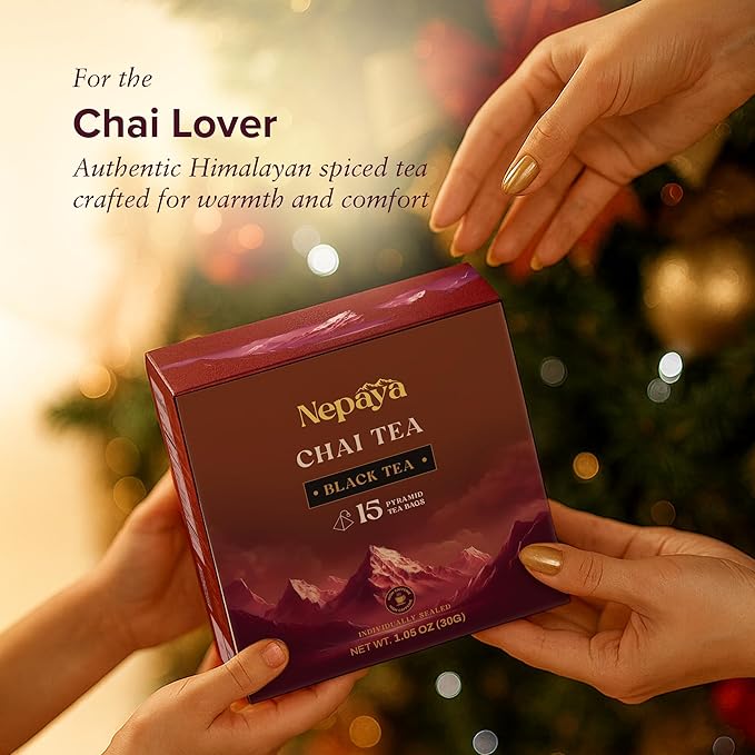 Nepaya Masala Chai – 15 Pyramid Black Tea Bags, Spiced with Ginger, Cardamom & Cinnamon, Biodegradable, Whole-Leaf, High Caffeine, Himalayan Chai