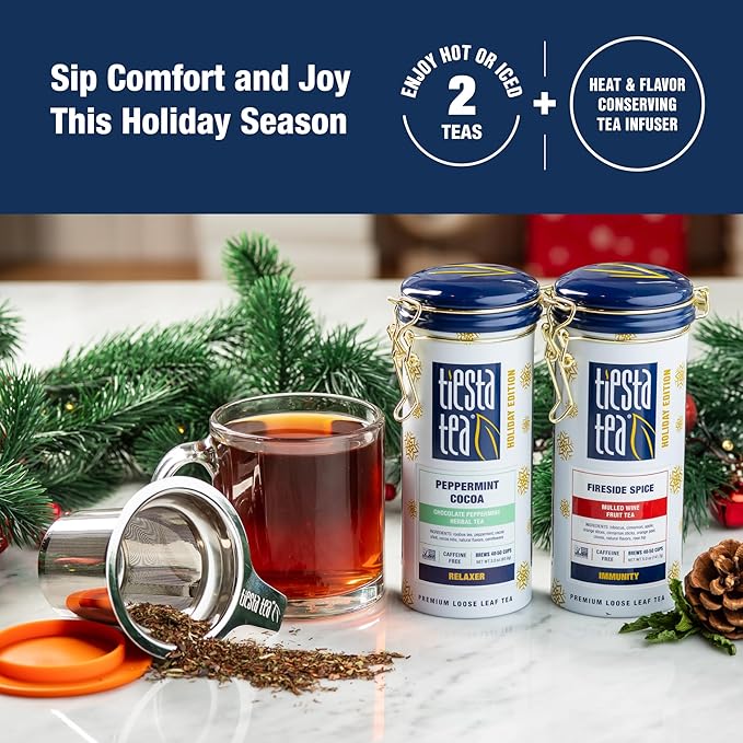 Tiesta Tea - Holiday Cheer Tea Gift Set, Loose Leaf Holiday Blends with Infuser, Non-Caffeinated, Stainless Steel Brewbasket & 2 Refillable Tin Combo, Fireside Spice & Peppermint Cocoa
