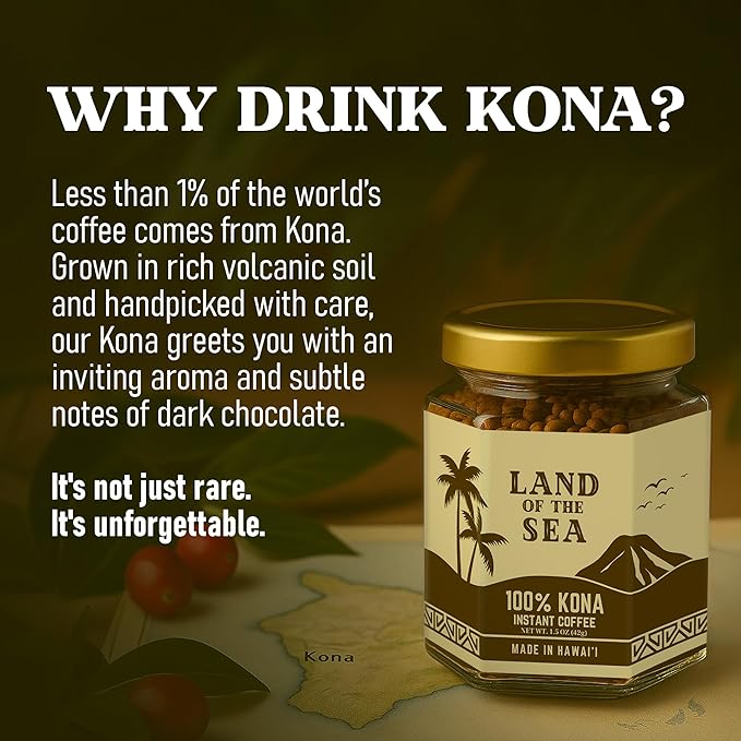 KONA COFFEE 100% - Premium Freeze Dried Instant Coffee - Low Acid Coffee - Medium Roast Arabica Hawaiian Coffee, 1.5oz (3 Packs | 66 Servings)