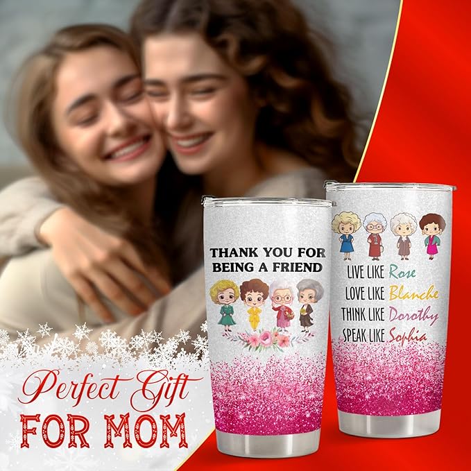34HD Golden Tumbler 20oz – Thank You for Being a Friend – Double Wall Vacuum Insulated Stainless Steel Cup – Keeps Drinks Hot or Cold – Glitter Travel Mug Gift for Women & Friends