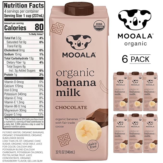 Mooala – Organic Chocolate Bananamilk, 32 fl oz (Pack of 6) – Shelf-Stable, Non-Dairy, Nut-Free, Gluten-Free, Plant-Based Beverage