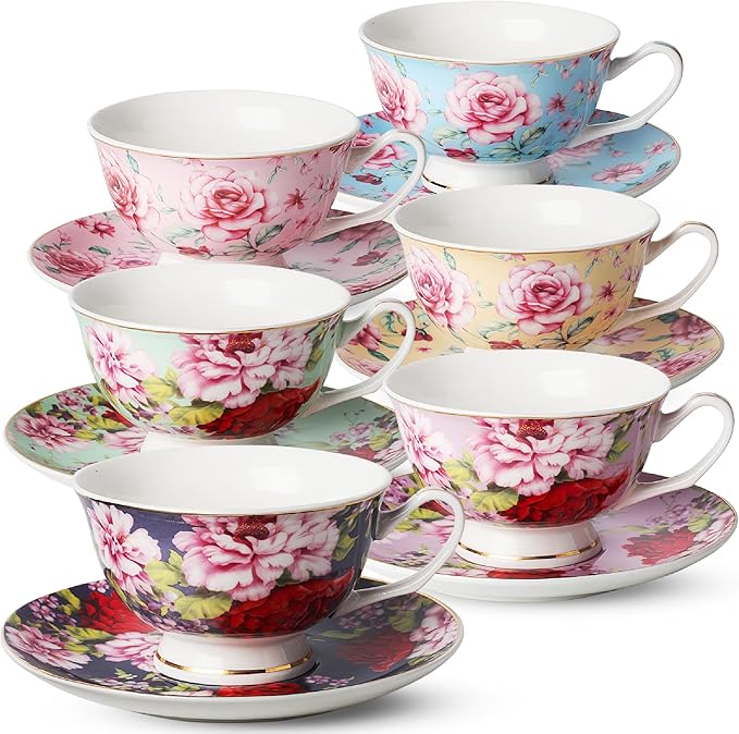 BTaT- Floral Tea Cups and Saucers with Gift Box, 8oz, Tea Cups Set of 6, Cup & Saucer Sets, Christmas Gifts