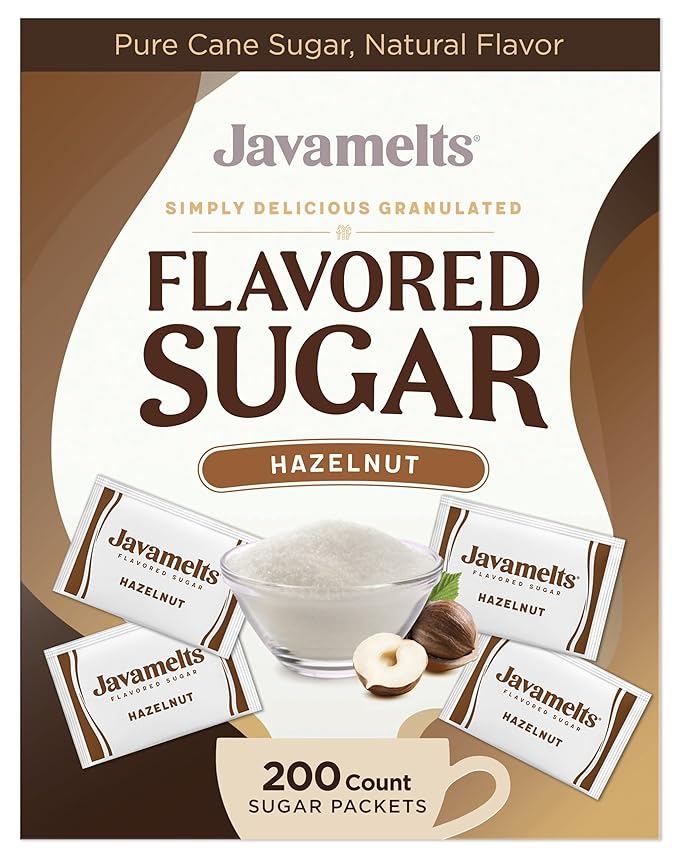 Javamelts Hazelnut Flavored Sugar Packets | Pure Cane Sugar for Baking, Coffee Syrup Substitute, Cocktails, Tea | Non GMO, Non Dairy, Gluten Free, Kosher | 200 Bulk Sugar Packets