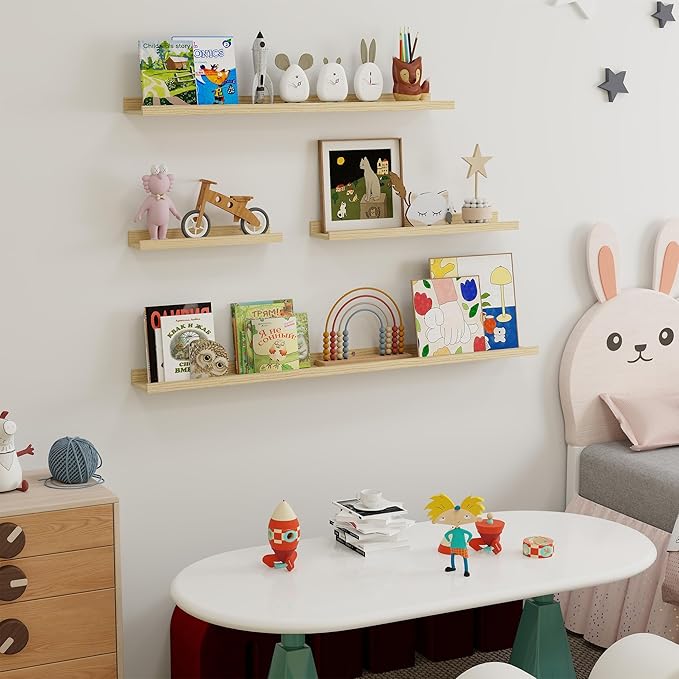 Fun Memories Picture Ledge Shelf, 24 Inch Long Floating Shelves Set of 6, Picture Shelf for Wall with Lip, Large Nursery Book Shelves for Storage, Wall Shelves for Living Room Bedroom Kitchen, Oak