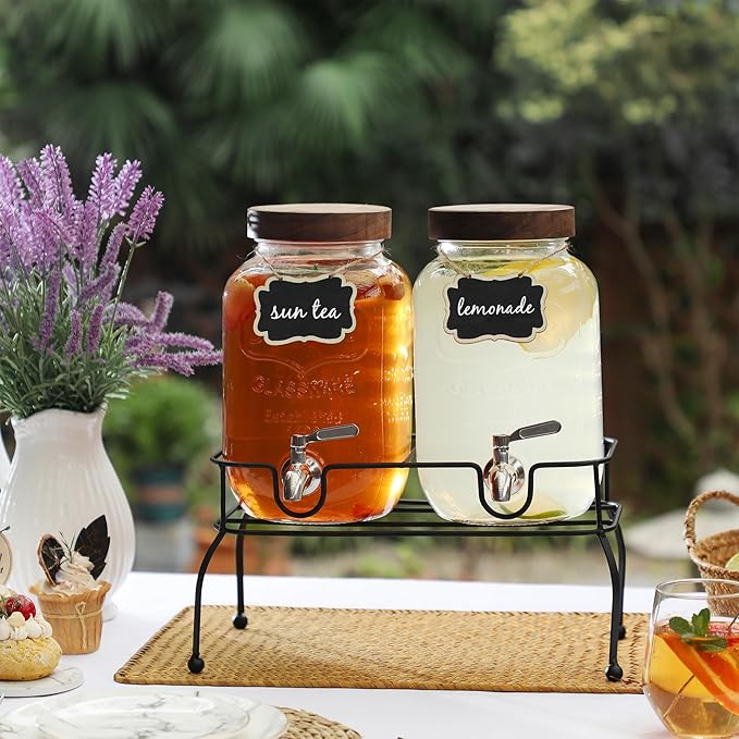 1 Gallon Glass Drink Dispenser 2 Pack - Drink Dispenser with Stand, Juice Dispenser, Drink Dispensers for Parties, Glass Water Dispenser with Stainless Steel Spigot, Lemonade Dispenser