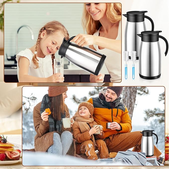 Uiifan 2 Pcs 34 Oz Thermal Coffee Carafe Stainless Steel Insulated Vacuum Coffee Carafes Double Walled Vacuum Thermal Pot Flask with Brushes for Keeping Cold Hot Tea Water Milk Home Office (Silver)