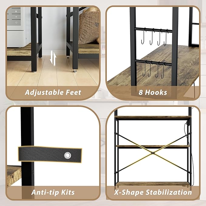 JUMMICO Backers Rack with Power Outlet, 39.4" W Kitchen Microwave Stand with 8 S-Shaped Hooks, 5 Tiers Coffee Bar Station Storage Shelf for Spices, Pots, Rustic Brown