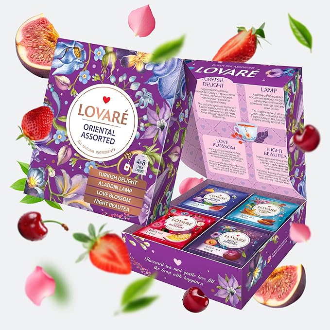 LOVARE Oriental Assorted Tea Variety Pack 32 Pack - Black tea blend, Made in Ukraine - Tea Bags Individually Wrapped - Turkish Delight, Aladdin Lamp, Love Blossom, Night Beautea - Assorted Tea Bags Variety Pack