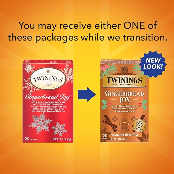Twinings Gingerbread Joy Black Tea Individually Wrapped Bags, 20 Count (Pack of 3), Ginger & Cinnamon, Caffeinated, Enjoy Hot or Iced | Packaging May Vary