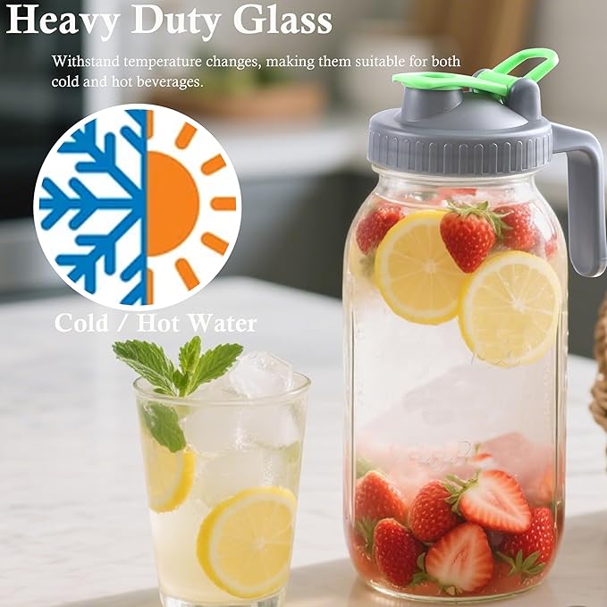 64 Oz Glass Mason Jar Pitcher With Lid 2 Set Half Gallon Water Pitcher Wide Mouth Canning Jar Cold Hot Water Jug For Coffee Lemonade Iced Tea Homemade Drinks Milk Juice Beverage Container For Fridge