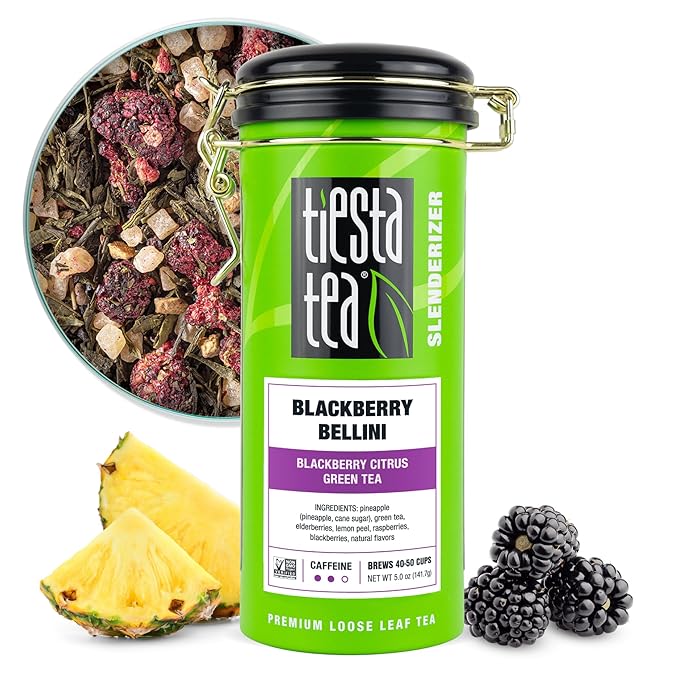 Tiesta Tea - Blackberry Bellini, Premium Loose Leaf Blend, Blackberry Citrus Green Tea, Premium Blend, Medium Caffeine Green Tea, Hot or Iced, 50 Cups, 5 Ounce Refillable Tin