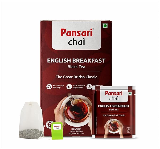 Pansari English Breakfast Tea – 100 Premium Tea Bags Classic Black Tea Blend With Darjeeling Rich Flavour & Medium Strength Perfect Morning Brew 50G Pack