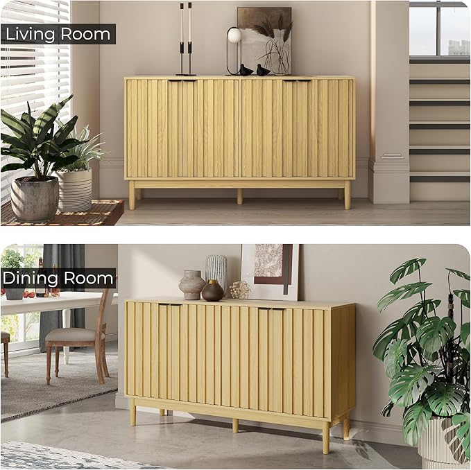 Fluted Cabinet with Storage, Buffet Cabinet Sideborad with 4 Doors, Natural Buffet Storage Accent Cabinets with Adjustable Shelves for Living Room, Entry, Hallway, Kitchen