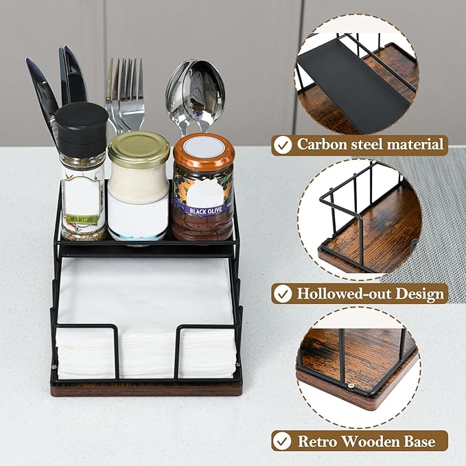 Napkin Holder for Paper Napkins,Flat Napkin And Utensils Holder For Kitchen Dining Table Wood Black Napkin Holders Cutlery Storage Box