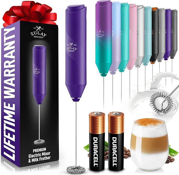 Zulay Kitchen Milk Frother Handheld with 2 Duracell AA Batteries – Electric Drink Mixer for Coffee, Lattes, Cappuccinos, Matcha & Hot Chocolate – Portable Foam Maker & Coffee Bar Accessory