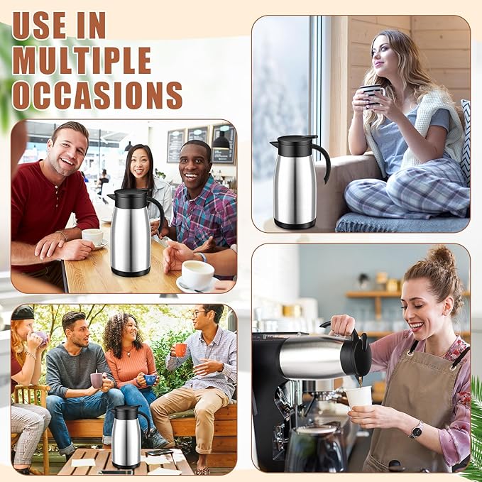 Uiifan 2 Pcs 34 Oz Thermal Coffee Carafe Stainless Steel Insulated Vacuum Coffee Carafes Double Walled Vacuum Thermal Pot Flask with Brushes for Keeping Cold Hot Tea Water Milk Home Office (Silver)