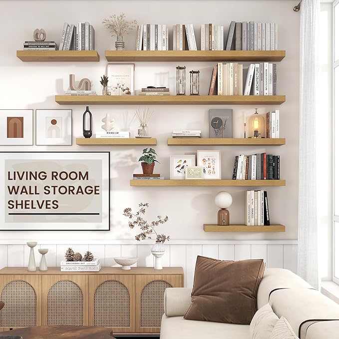 Floating Shelves for Wall, Engineered Wood Wall Shelves with Invisible Brackets for Living Room Bedroom Bathroom Office Kitchen Decor and Storage (Oak, 36" W x 9" D x 1.5" H) Set of 2