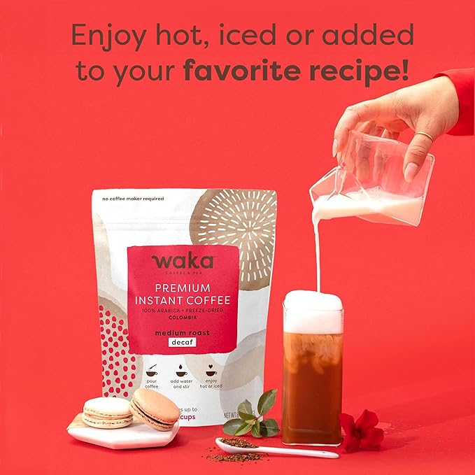 Waka Premium Decaf Instant Coffee Pouch — 100% Colombian Arabica Freeze Dried Beans — For Hot or Iced Coffee (8 Ounces, Decaf Medium Roast)