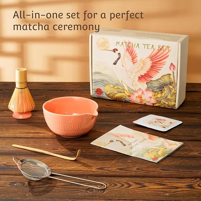Matcha Whisk Set, Ceramic Bowl with Spout, Bamboo Whisk, Ceremonial Matcha Powder, Recipe Guide, Sifter, Holder, Scoop, Matcha Kit for Tea Lovers, Gift Box (Salmon Pink)