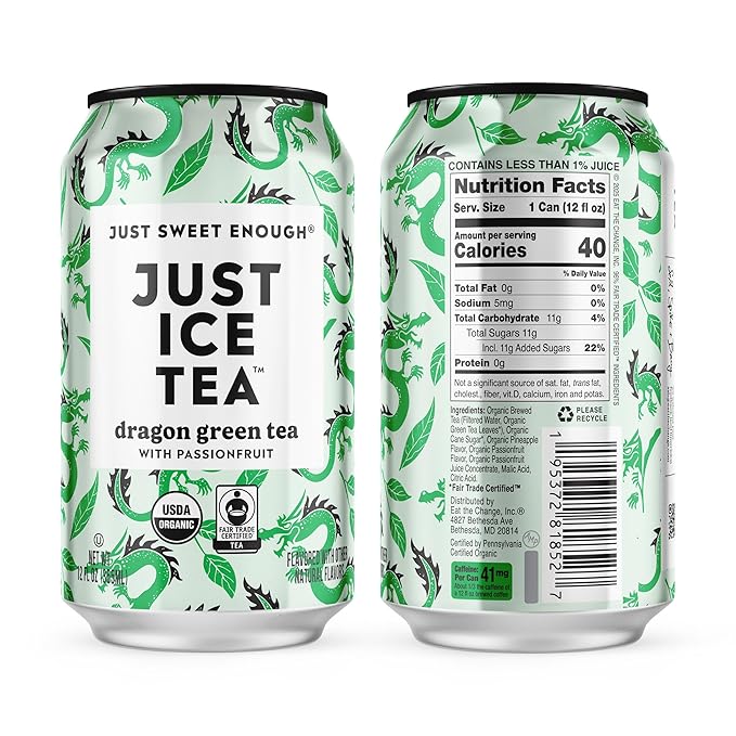 Just Ice Tea, Dragon Green Iced Tea, 12-Pack (12oz Cans), Green Tea, USDA Certified Organic, Real Brewed, Low Calorie, No Artificial Sweeteners, Fair Trade, Made in USA.