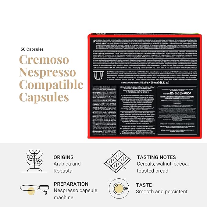 Caffe' Vergnano 1882 Medium Roast Espresso Original Line Machine Compatible Capsules, Arabica Robusta Espresso Coffee, Italian Coffee For Nespresso Coffee Machines, Intensity 6/10, Cremoso, 50 Ct