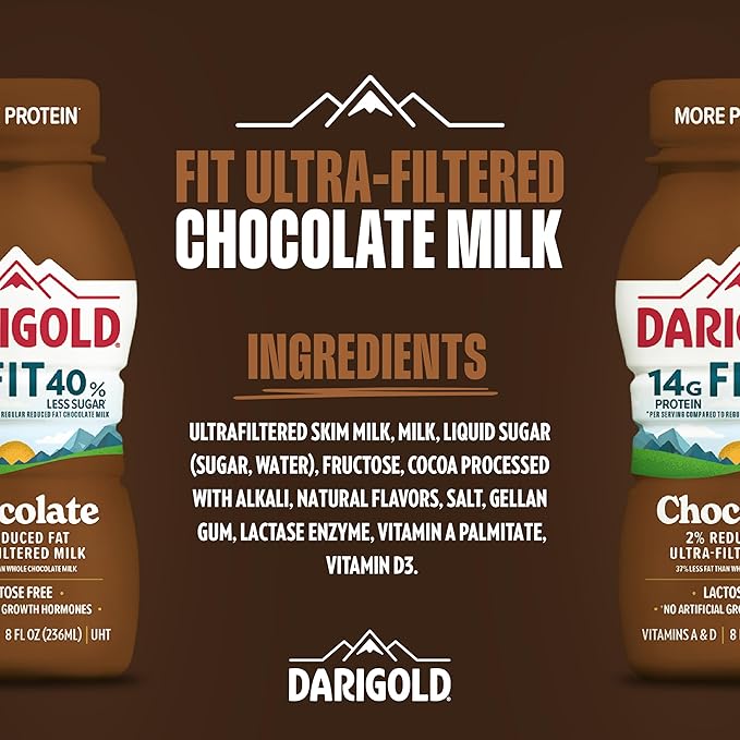 DARIGOLD FIT - Ultra-Filtered, Low Fat, Lactose Free Chocolate Milk - 14g Protein, 40% Less Sugar - 8oz Bottles, 18 Pack