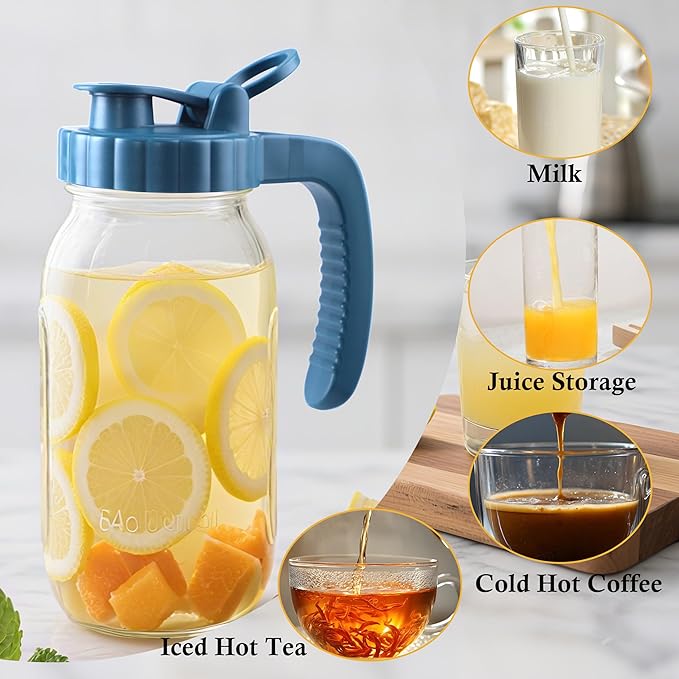 Half Gallon Glass Pitcher With Lid 64 Oz Wide Mouth Mason Jar Cold Hot Water Pitcher 2 Quart Sun Tea Glass Jar For Outside For Fridge Lemonade, Beverage,Milk,Juice, Cold Brew Iced Tea Container
