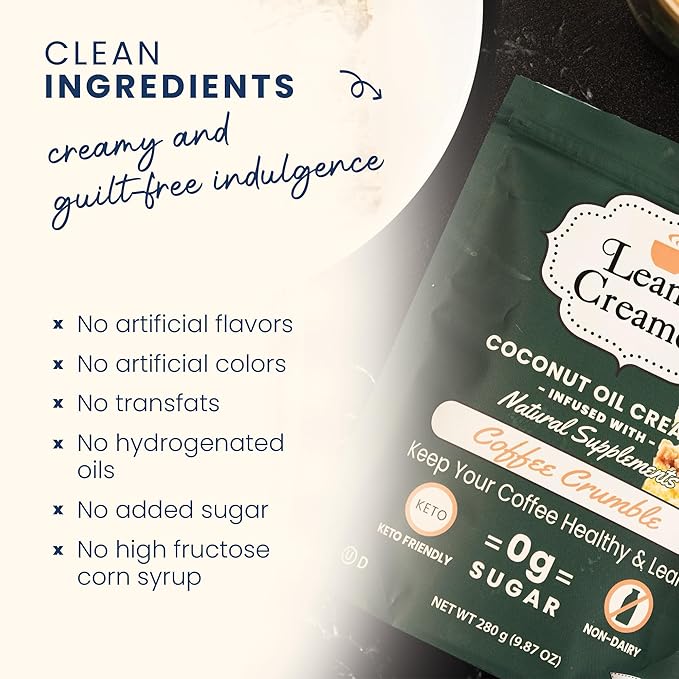 Leaner Creamer Coconut Creamer with Superfood Ingredients – Non-Dairy, Sugar-Free, Keto, Gluten-Free Powdered Coffee Creamer – Coffee Crumble – 280g
