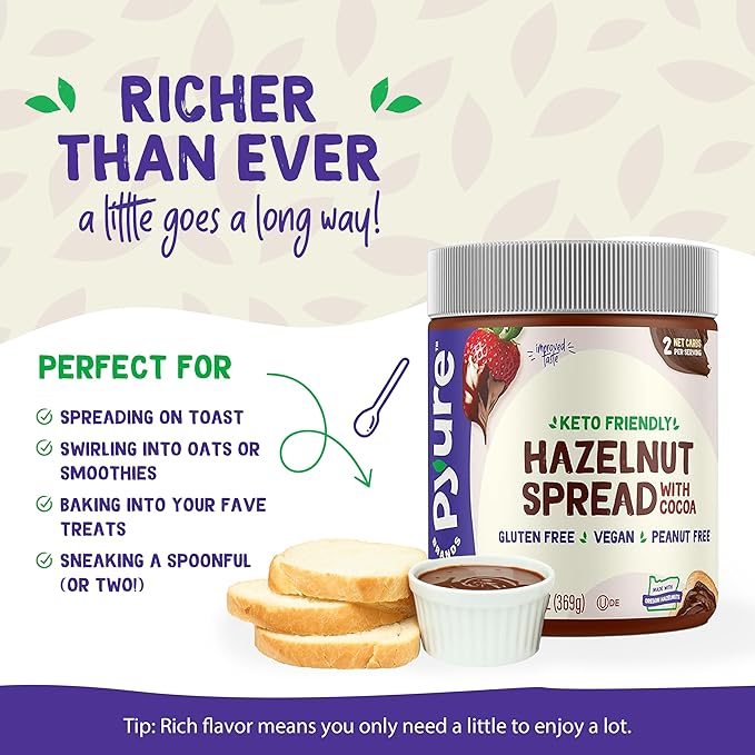 Pyure Keto Hazelnut Chocolate Spread | Sugar-Free, Low Carb, Vegan Nutella Alternative | 2g Net Carbs, Gluten-Free, Peanut-Free, Plant-Based, Non-GMO, Keto Snack, Vegan Sweets | 13 oz Jar