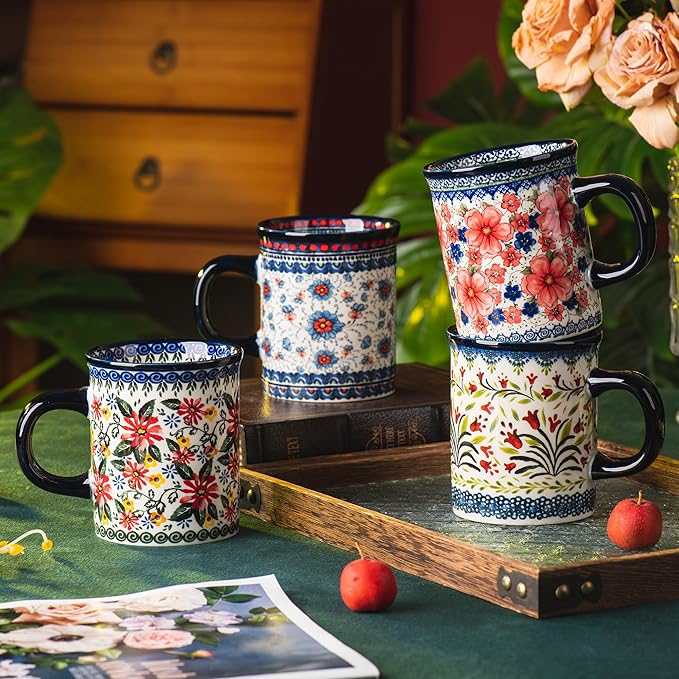 Ceramic Latte Mug Set of 4, 15.5oz Hand Painted Porcelain Coffee Cups With Handle for Tea/Milk/Cocoa - Modern Retro Design For Any Kitchen. Microwave and Dishwash Safe (Assorted Colors)