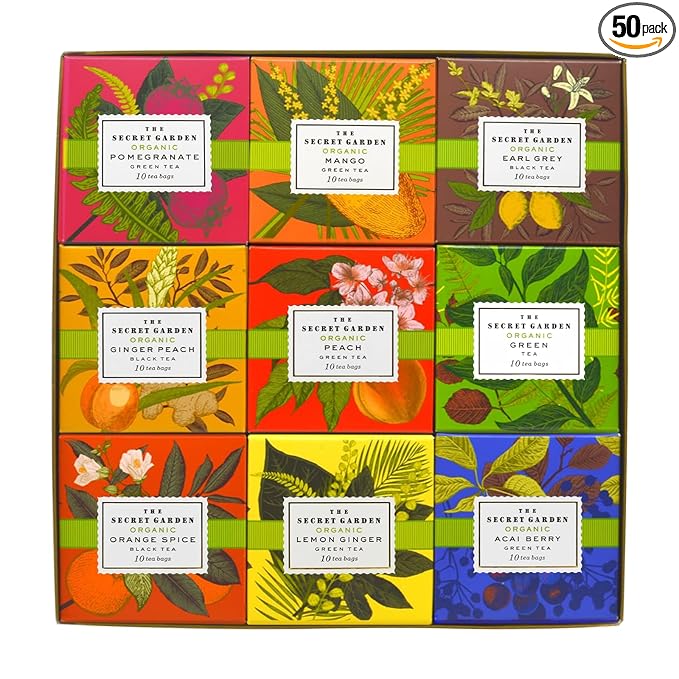 Life Plus Style Gourmet The Secret Garden 90 Tea Bags Tea Gift Set 9 Flavors Tea Set Organic Peach Pomegranate Mango Lemon Ginger Acai Berry Green Teas Orange Spice Ginger Peach Earl Grey Black Assorted Pack for Women