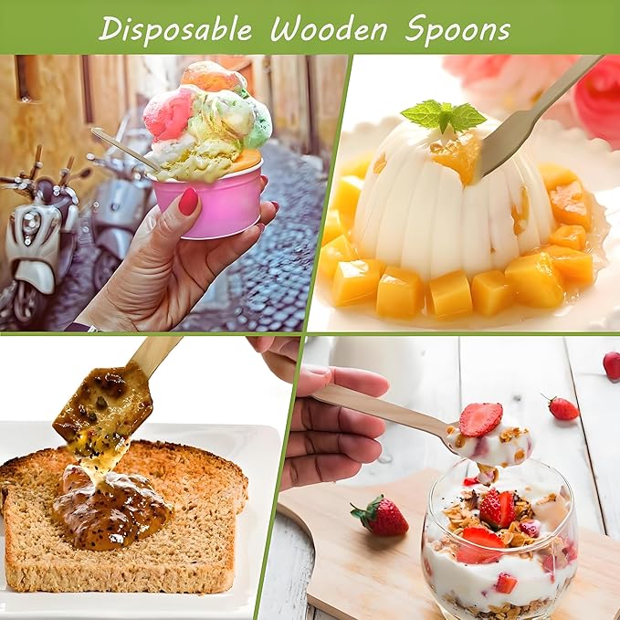 200 Pack Variety Mini Wooden Spoons (100 Square + 100 Round) - 4" Mini Tasting Spoons for Gelato, Ice Cream, Yogurt & Charcuterie Jars - Biodegradable Birchwood Sample Spoons for Parties