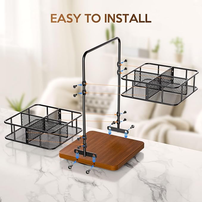 Rotation 2 Tier Tea Bag Organizer, Iron Art Tea Organizers, Acacia Wood Stand Teabag Holder with Handle Easy to Move and 8 Basket Tea Caddy for Tea Bags Organizer for Pantry, Kitchen, Gift Giving