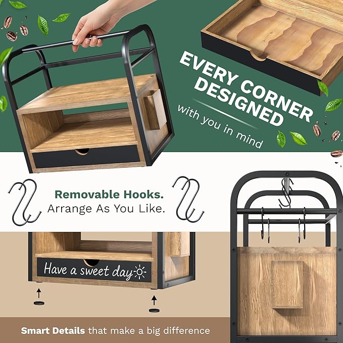 Coffee Bar Organizer for Countertop – 3-Tier Wood & Metal Shelf with Chalkboard Drawer, 6 Removable Mug Hooks, Side Caddy, Magnetic Stickers, Handle, Non-Slip Feet – Coffee & Tea Station