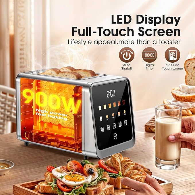 2-Slice Smart Toaster, Digital Touchscreen with Memory Function, 1.5" Extra-Wide Slots, 5 Bread Types & 6 Browning Settings, 900W for Fast Toasting, Defrost & Reheat Modes