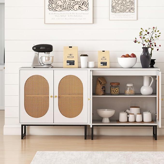 Giantex Rattan Sideboard Buffet Cabinet with Storage, Boho Sideboard with Doors & Adjustable Shelf, Small Accent Buffet Storage Cabinet with Metal Legs for Kitchen, Living Room, Entryway, White