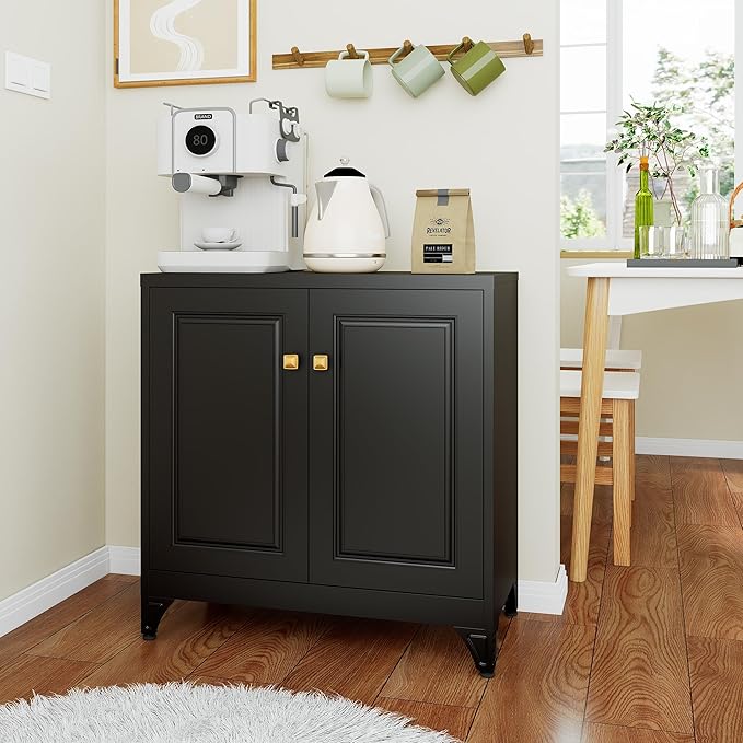 Sideboard Buffet Cabinet, 33" H Sideboard Buffet Storage Cabinet with Doors and Shelves, Coffee Bar, Metal Side Board Cabinets for Living Room, Assembly Required, Black