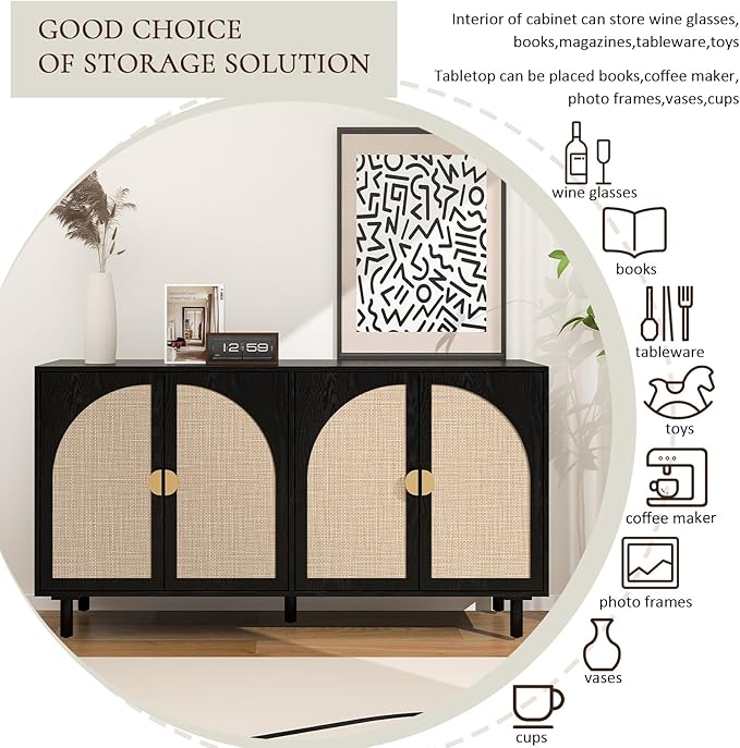 Black Sideboard Buffet Cabinet, 4-Door Rattan Storage Cabinet, Coffee Bar with Adjustable Shelf, Accent Furniture for Living Room, Entryway, Home Office, Black