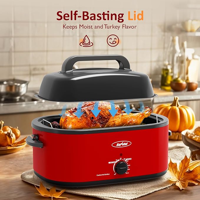 Sunvivi Roaster Oven, 24 Quart Electric Roaster Oven with Glass Lid, Turkey Roaster Buffet with Self-Basting Lid, Removable Pan, Cool-Touch Handles, Red