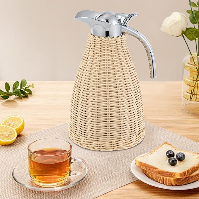 Stainless Steel Coffee Thermal Carafe, 50 Oz/1.5 L Woven Rattan Insulated Coffee Carafe Double Walled Vacuum Insualted 20 Hour Heat Cold Retention (White)