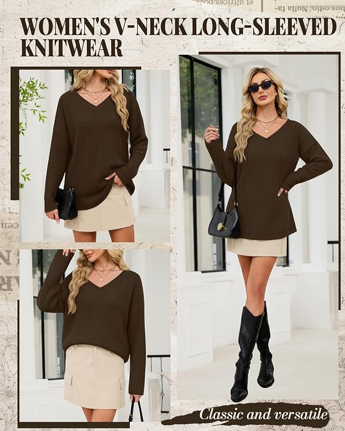 Women's V Neck Sweater Long Sleeve Knit Oversized Shirt Loose Lightweight Fall Casual Pullover Sweater Top