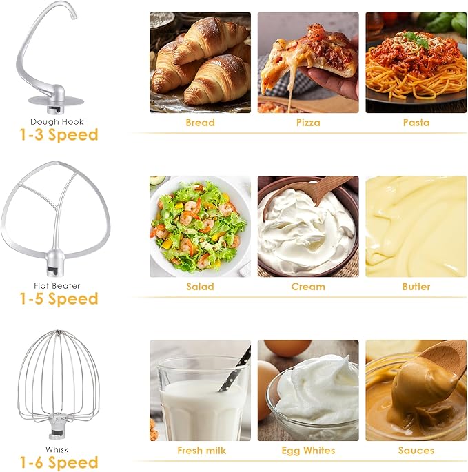 Biolomix Kitchen Electric Stand Mixer, 6 Speed Tilt Head Food Mixer with 6.5 QT Stainless Steel Bowl, Dough Hook, Flat Beater, Whisk and Anti Splash Cover, (6.5QT, White)