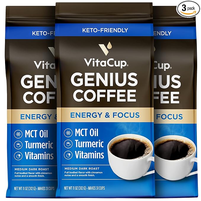 VitaCup Genius Ground Keto Coffee w/Turmeric, MCT Oil, B Vitamins, D3, Ground Coffee Medium Dark Roast, Bold & Smooth, 100% Arabica Coffee Grounds, 3 bags, 11oz each