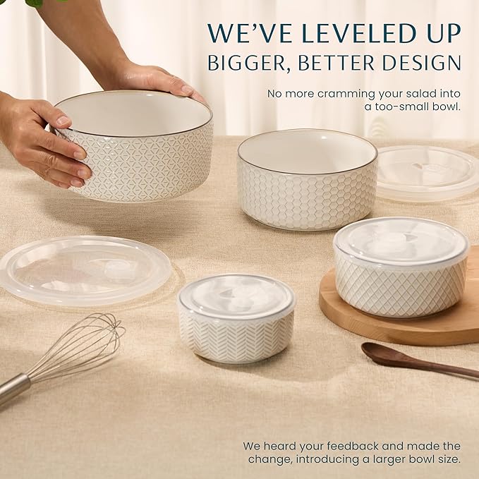 KooK Mixing Bowls, with Lids, Ceramic Nesting Bowls. Space Saving, Set of 4, Embossed, Kitchen, Prep, Stackable, Mix, Gift, Microwave and Dishwasher Safe, 16/29/47/70 oz, Narbonne Collection (Ivory)