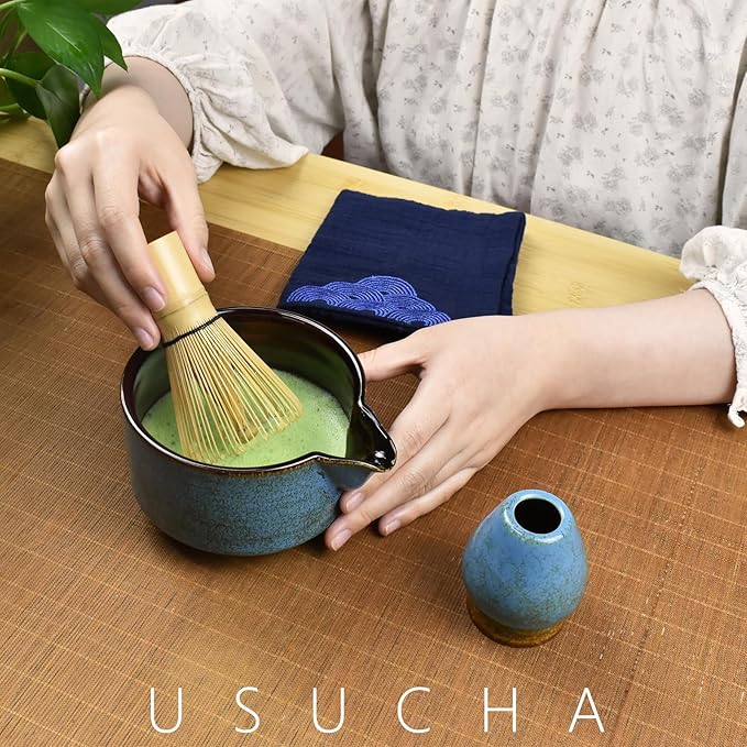 Artcome 7 Pcs Complete Matcha Ceremony Kit for Tea Ceremony, Bowl with Pouring Spout, Whisk, Tea Scoop, Matcha Powder Strainer, Matcha Tea Set For Making Usucha, Koicha and Matcha Latte (Sapphire)